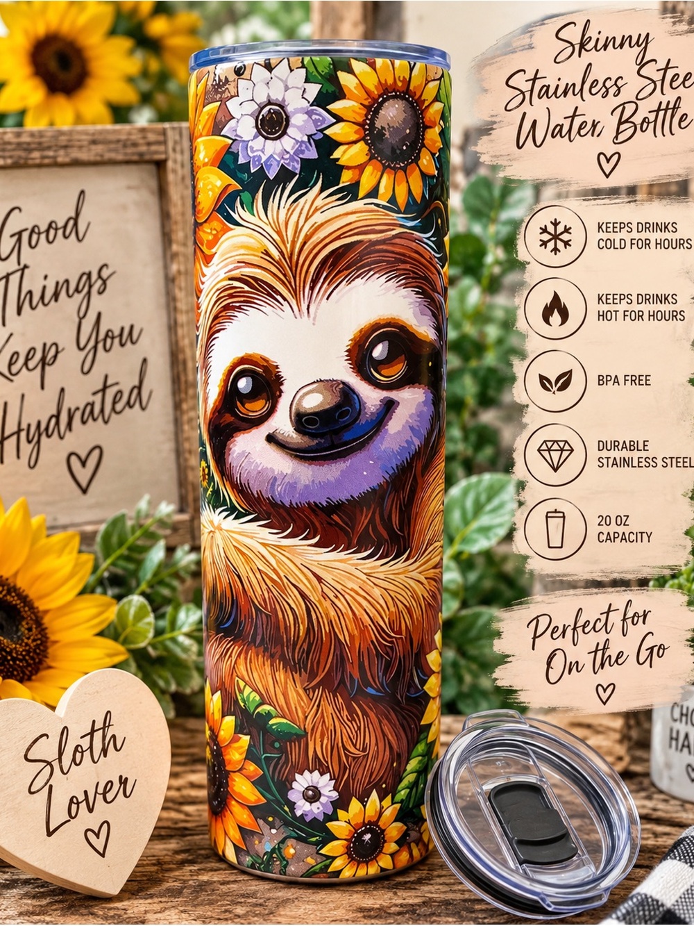 Sunflower Sloth Skinny Stainless Steel Tumbler - Colorful Floral Art